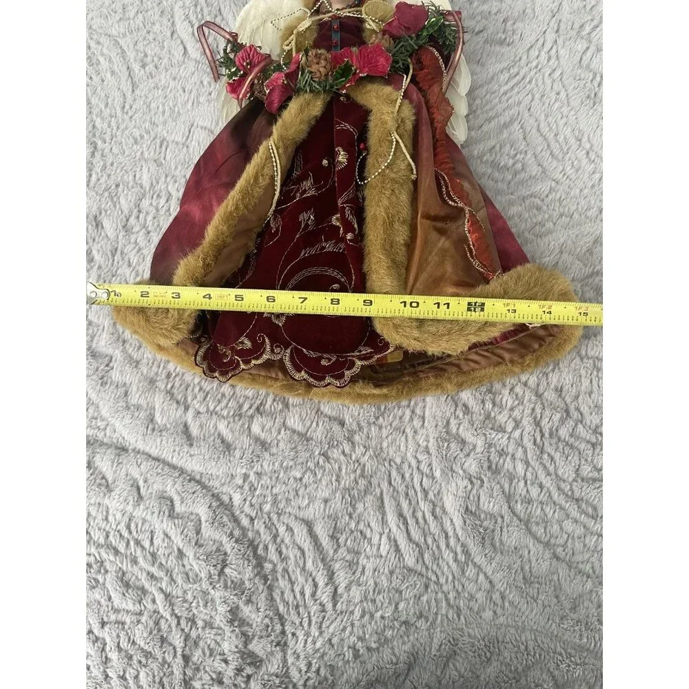 Vtg Christmas Angel Tree Topper Burgundy Gold Faux Fur Coat 16